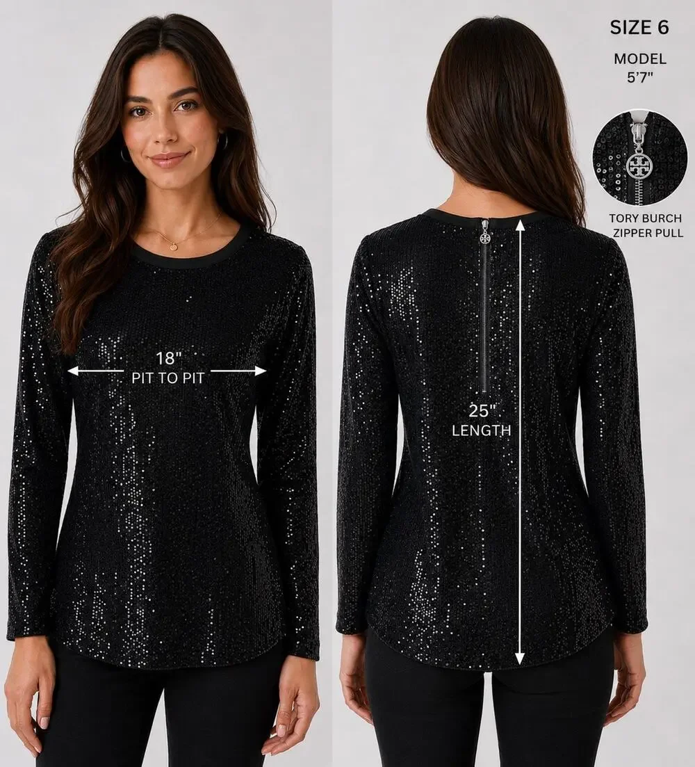 Tory Burch Sequined 100% SILK Black Top Women Size 6 GLAM Sexy Designer Holiday